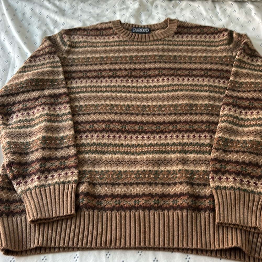 Vintage Lands End men’s cotton sweater, fair isle, browns/tan/green, size L